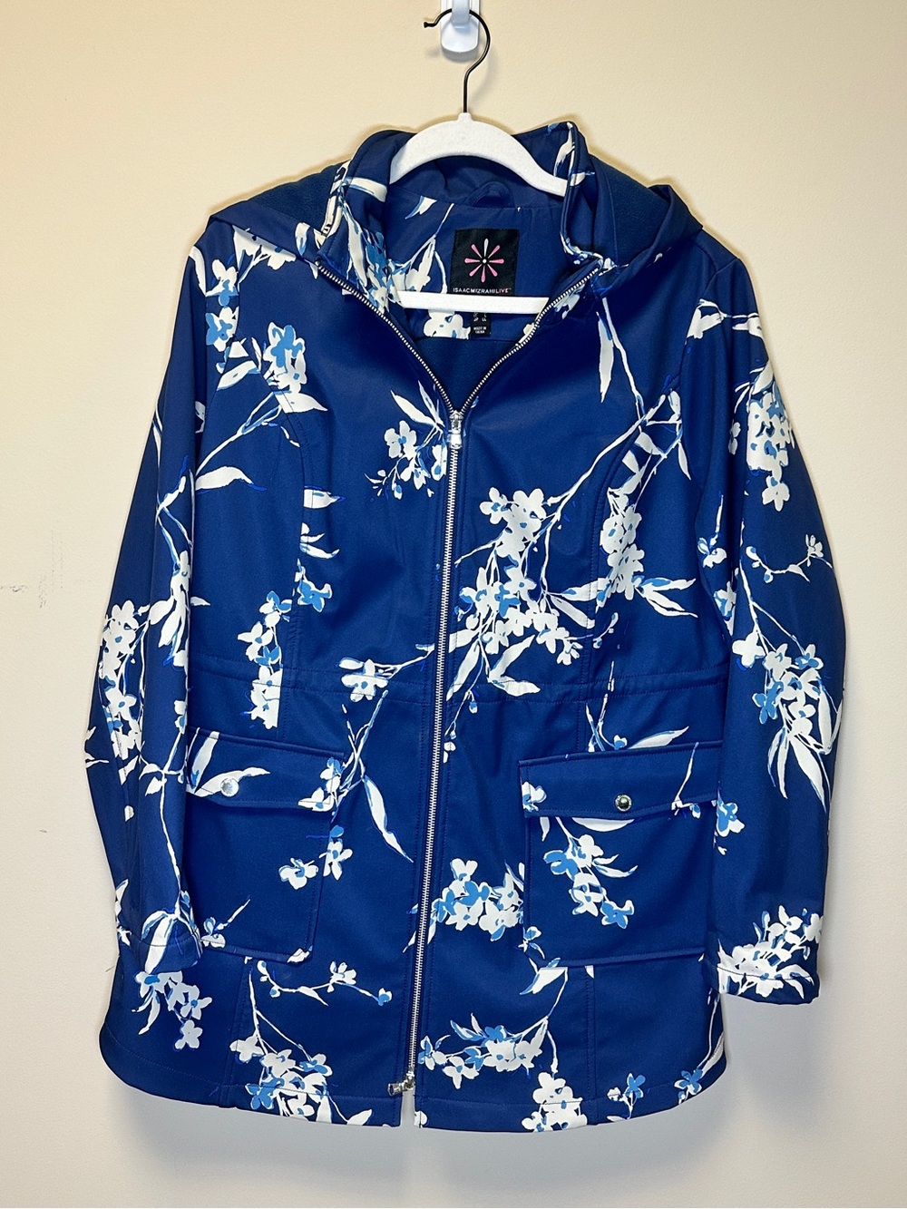 Isaac Mizrahi Navy Blue Floral Hooded Trench Coat Size M